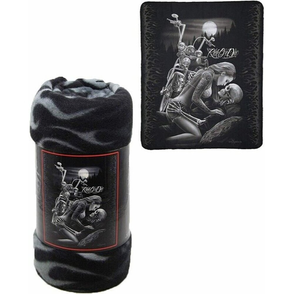 New Lovers Ride or Die Motorcycle Fleece Throw Gift Blanket Skeleton Kiss Skull - Picture 2 of 3